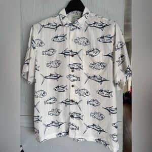 Caribbean White and Black Casual Button Down Shirt with Nautical Fish Pattern